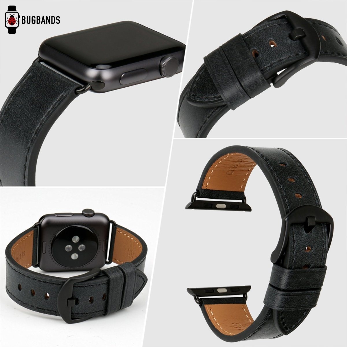 Black BB Full Grain Leather Band Apple Watch Band - BugBands