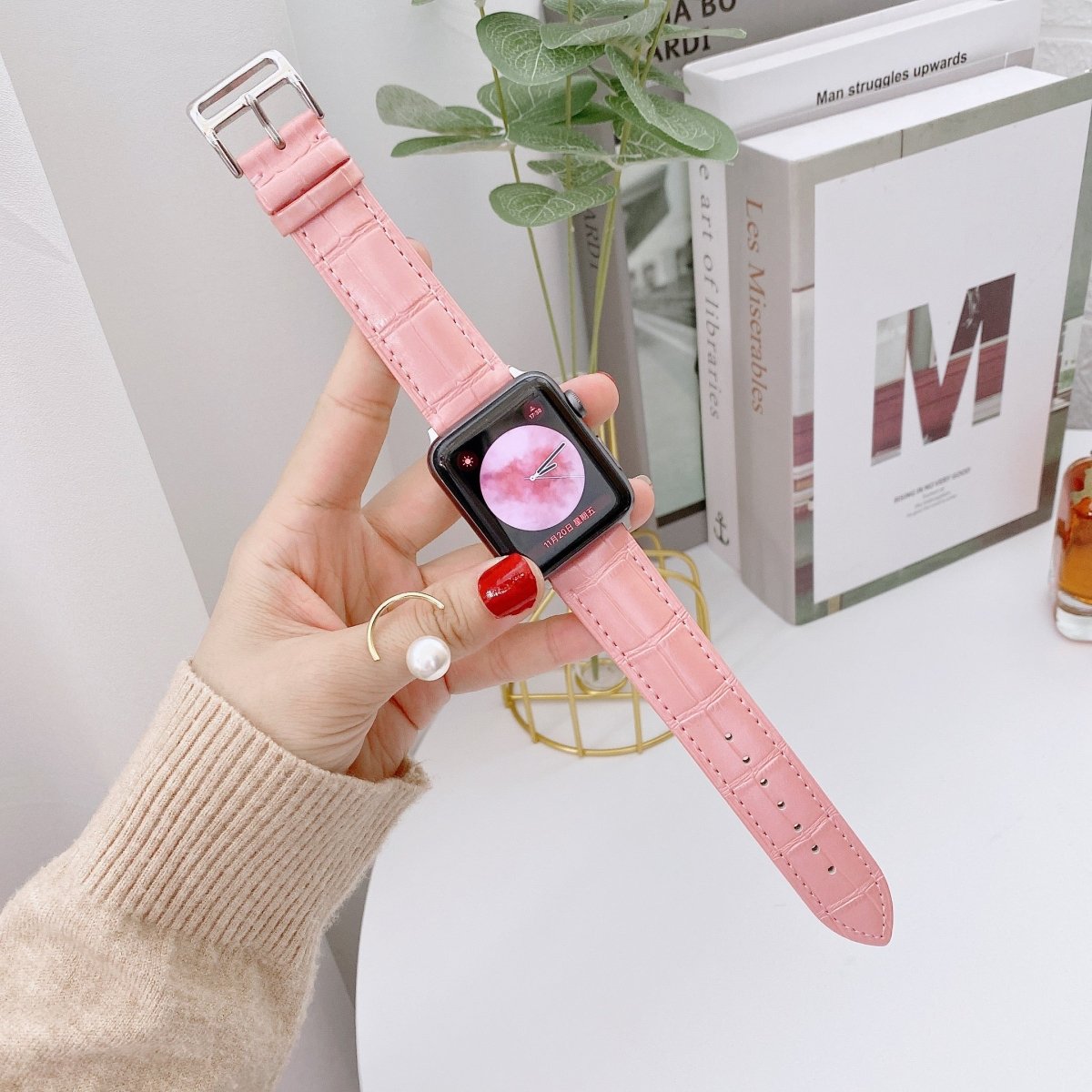 Pink BB Crocodile Grain Leather Apple Watch Band - BugBands